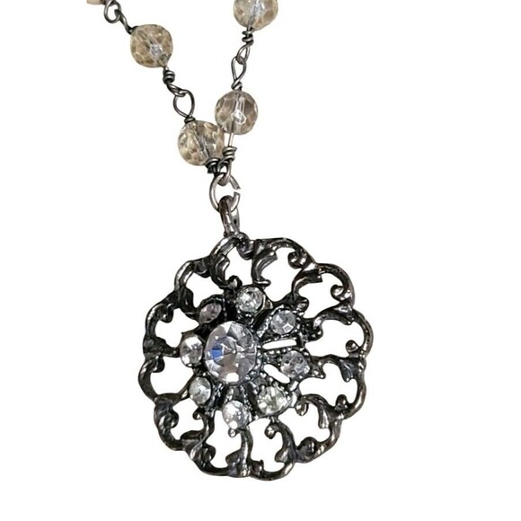 VTG Dainty Rhinestone Faux Pearl Gun Metal Victorian Revival Pendant Necklace - Picture 3 of 7